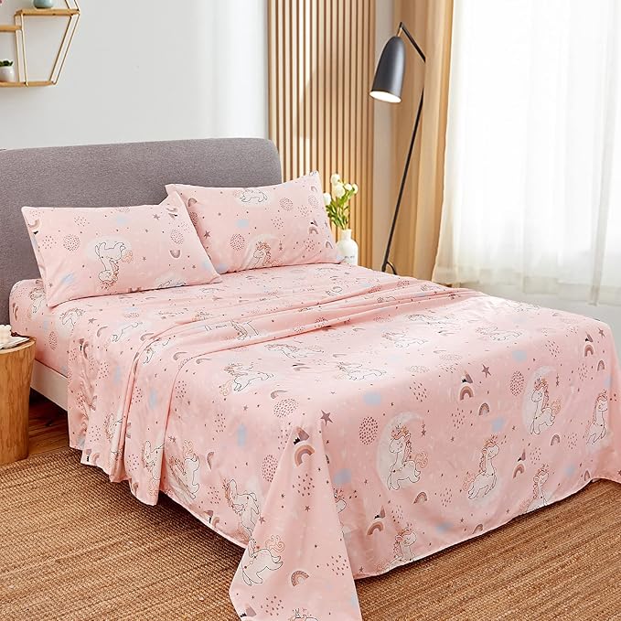 JSD Pink Unicorn Kids Sheet Set Full Size, 4 Piece Girls Rainbow Printed Microfiber Bed Sheets Deep Pocket