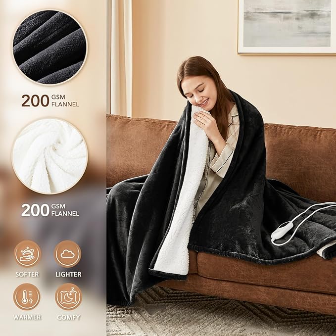 Homemate Electric Heated Blanket Queen Size - 84"x90" Heating Blanket Queen Size Dual Control 1/2/4/6/8 Hours Auto-Off 10 Heat Level Over-Heat Protection Flannel Sherpa ETL Certification