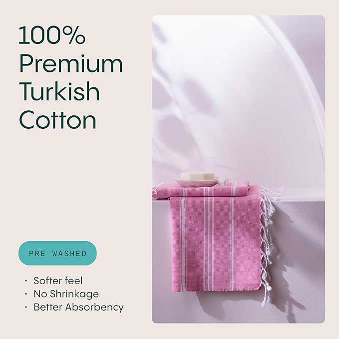 WETCAT Turkish Hand Towels with Hanging Loop, Set of 2 (20" x 30") 100% Turkish Cotton, Pre-Washed, Quick Drying, for Kitchen or Bathroom - Light Pink