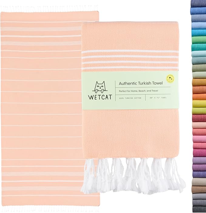 WETCAT Turkish Beach Towel Oversized (38"x71") 100% Turkish Cotton, Made in Turkey - Sand Free, Extra Large, Ultra Soft, Quick Drying, Compact & Lightweight for Travel - Peach
