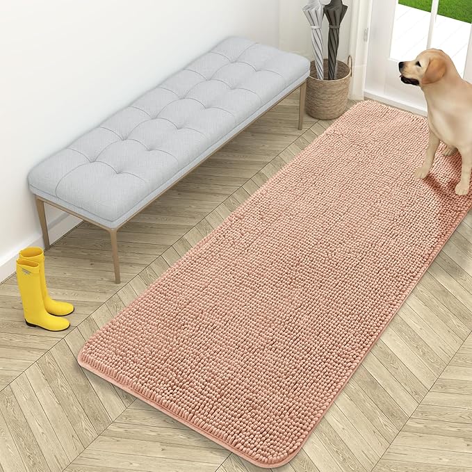 OLANLY Dog Door Mat for Muddy Paws 59x24, Absorbs Moisture and Dirt, Absorbent Non-Slip Washable Doormat, Quick Dry Chenille Mud Mat for Dogs, Entry Indoor Entryway Carpet for Inside Floor, Peach
