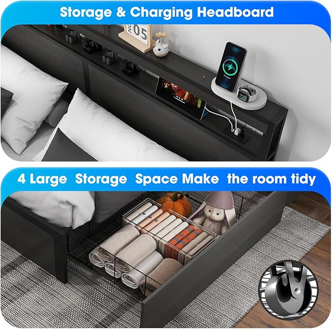 King Bed Frame with Storage Headboard and 4 Drawers, Metal Platform Bed Frame with LED Light, Charging Station, No Box Spring Needed, Noise Free, Easy Assembly,Charcoal Grey