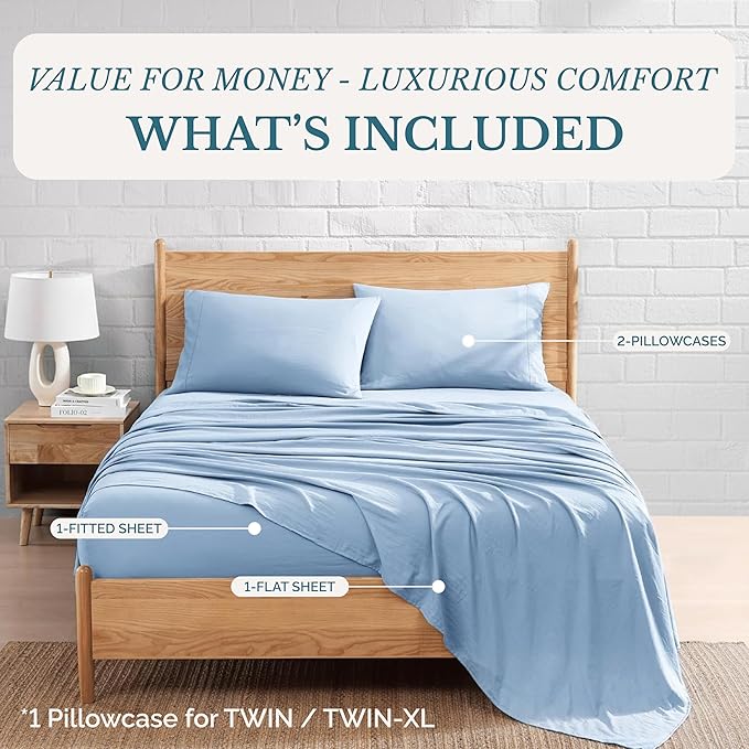 Casa Platino Twin XL Size Sheet Set, 3 Piece Set Includes Twin XL Flat Sheet, Twin XL Fitted Sheet and 1 Pillowcase, Brushed Ultra Soft Microfiber with Deep Pockets – French Blue