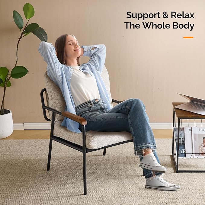VINGLI Mid-Century Modern Accent Armchiars Set of 2 for Small Space, Small Comfy Upholstered Leisure Reading Chairs with Wood Armrests for Bedroom, Living Room, Waiting Room, Linen Beige