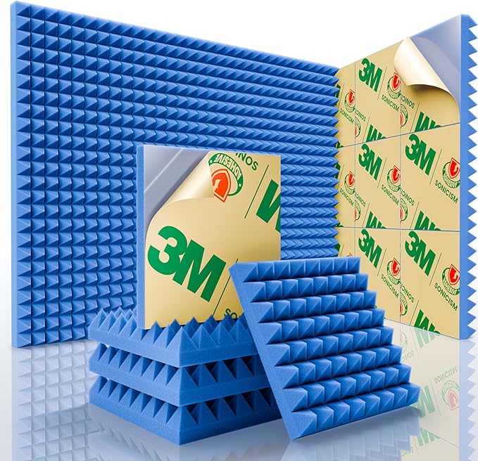 Sonicism Soundproof Wall Panels Self-Adhesive Pyramid 12 Pack,2" X 12" X 12" Acoustic Panels High Density Sound Proof Foam Panels for walls Fast Expand,Sound Absorption & Decoration(Blue)
