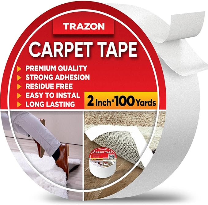 Carpet Tape Double Sided - Rug Tape Grippers for Hardwood Floors and Area Rugs - Carpet Binding Tape Strong Adhesive and Removable, Heavy Duty Stickers Grip Tape, Residue Free (2 Inch / 100 Yards)