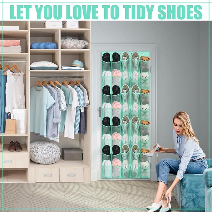 Windyun 40 over the Door Shoe Organizer Large Mesh Pocket Hanging Shoe Rack for Closet Turquoise Nonslip Behind Door Storage Holder Back to School Organizer for Dorm Room College Classroom Storage