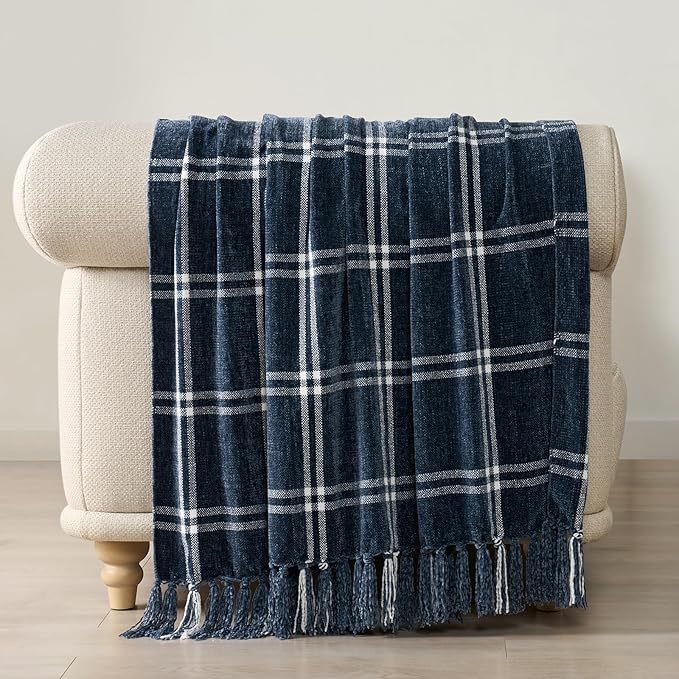 EVERGRACE Plaid Chenille Throw Blanket for Couch, Super Soft Cozy Decorative Windowpane Grid Plaid Throw with Tassels, Lightweight Chenille Knit Throw for Bed Sofa Gift, Navy & White 50”x60”