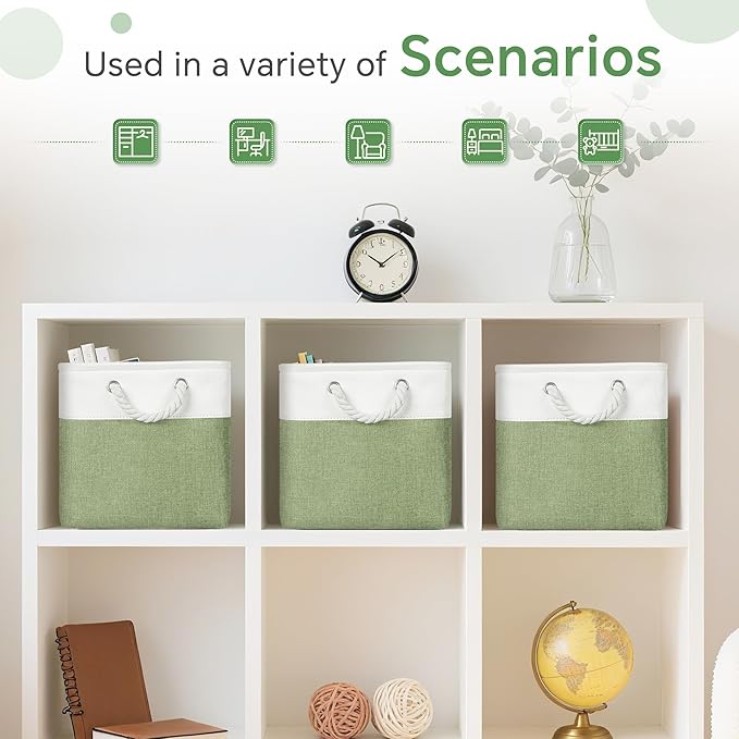 Fabric Cubes Storage Basket, 6 Pack 11x11 in with Handles Cube Storage Bins, for Shelves, Home, Office Organizers (White/ Green)