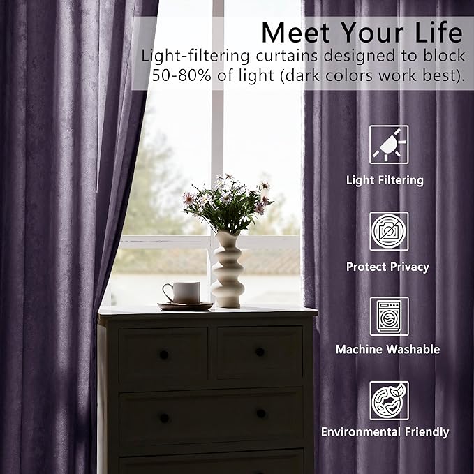 SMILETIME Lilac Purple Crushed Velvet Curtains 52x84inch Rod Pocket Luxurious Thermal Insulated Soundproof Drapes Soft and Durable Light-Filtering Window Treatments for Living Room Bedroom, 2 Panels