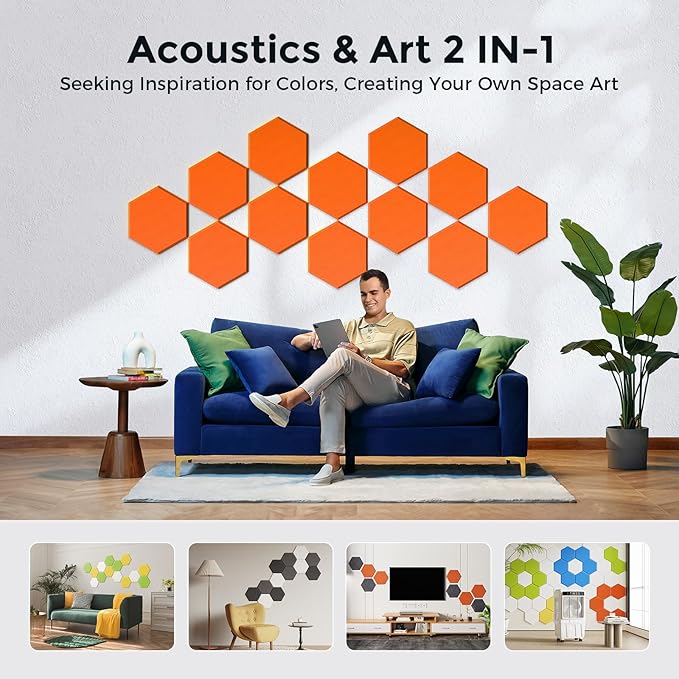 Self-Adhesive Acoustic Panels [390 lbs/yd³ Ultra-High Density], 2nd Generation Sound Absorbing Panel, Professional Level Sound Panel, Polyester Soundproof Foam [Size L, Orange]
