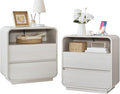 White Nightstand Set of 2 with Charging Station, 23.2" Wide Wood Bedside Table, Modern End Table with 2 Storage Drawers, Curved Profile, Handleless, Mid Century Night Stand for Bedroom
