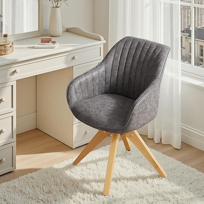 Zouron Mid Century Modern Accent Chair with Oak Wood Legs, Upholstered Swivel Chair No Wheels, Side Accent Armchair Vanity Chair for Small Space Home Office Living Room Bedroom, Gray