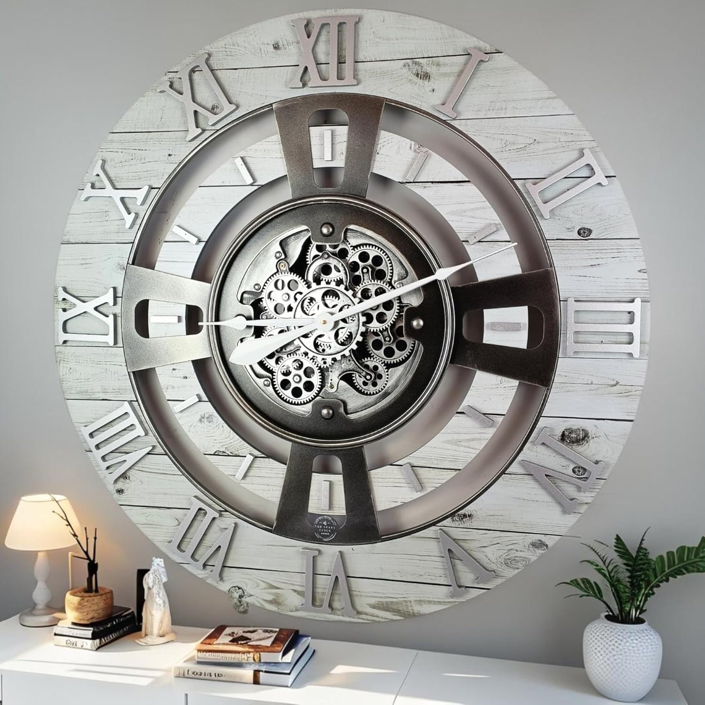 The Gears Clock Real Moving Gear Wall Clock England Line (White Farmhouse, 24 inches (60 cm))