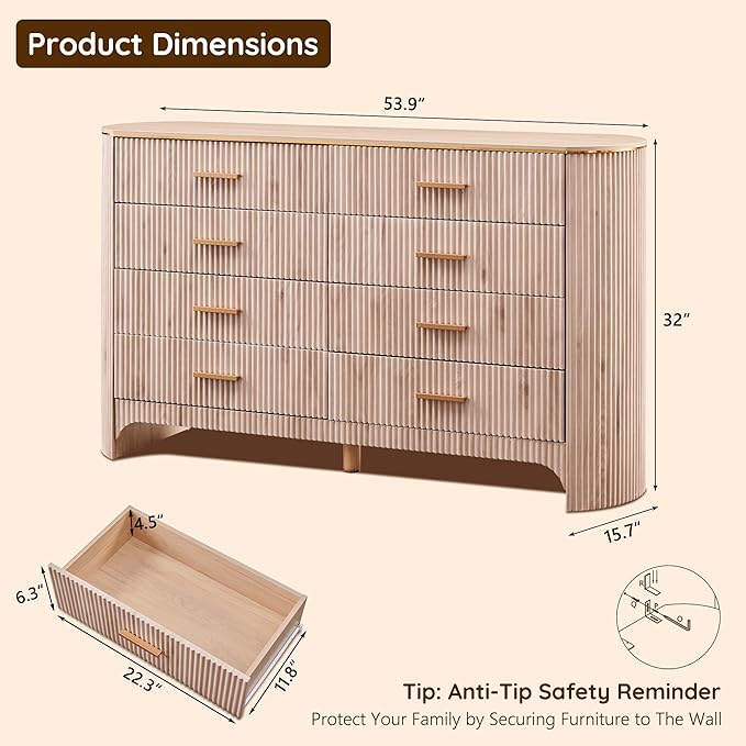 Fluted 8 Drawer Dresser for Bedroom with Curved Profile, Reeded Front Panels, 53.9” Wide Chest of Drawers Storage Cabinet with Smooth-Glide Drawers for Living Room, Light Oak