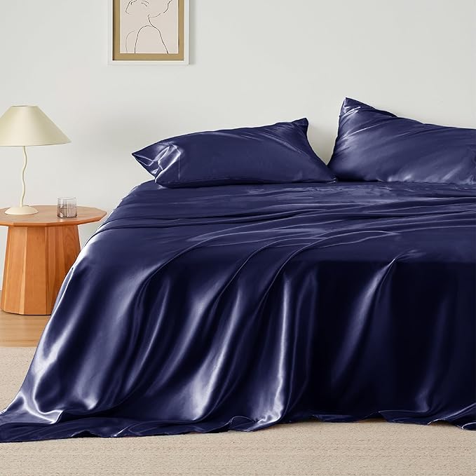 Bedsure Satin Sheets King Size - 4 Piece Silky Bedsheets with 15 Inches Deep Pocket Fitted Bedsheet,1 Flat Sheet, 2 Satin Pillowcases, Good for Hair & Skin (King, Navy)