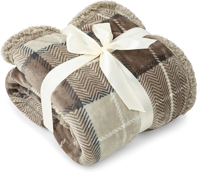 Pavilia Taupe Plaid Sherpa Throw Blanket - Plus Plush Flannel Fleece Blanket - Warm Cabin Sofa Bed Winter Throws 50x60