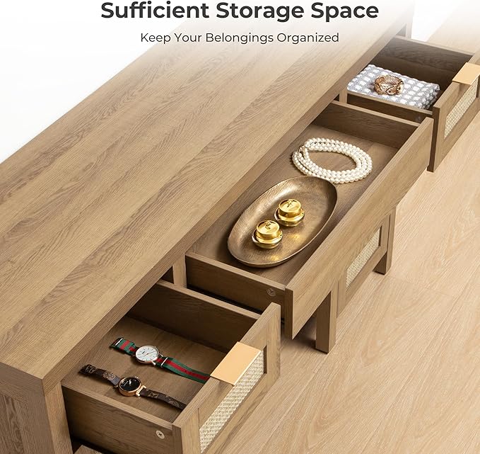 SICOTAS 2 Pieces Rattan Vanity Home Office Desk - Big Boho Makeup Vanities Benches with Drawers & Storage Cabinets, Dressing Vanity Table for Makeup Room, Bedroom, Home Office, Oak