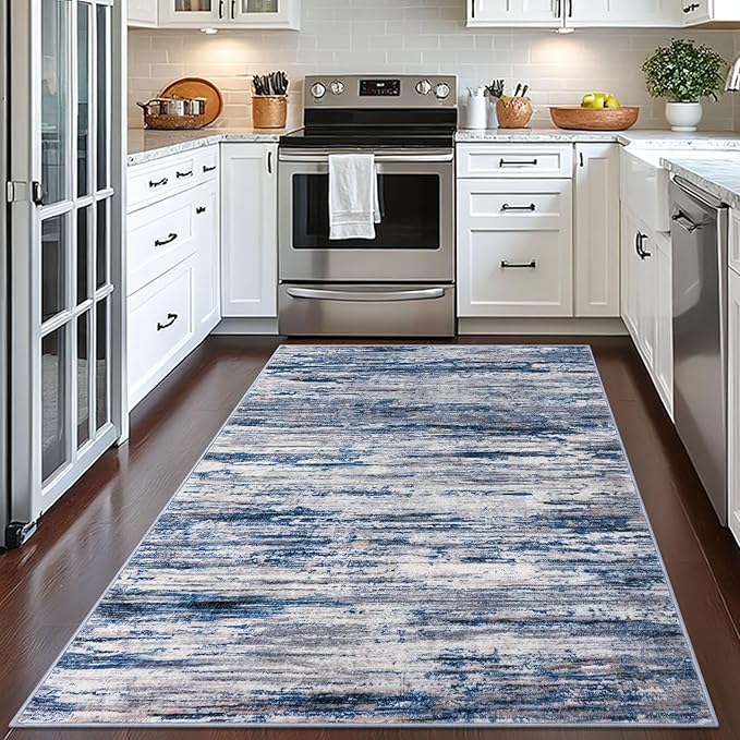 4x6 Modern Abstract Rug for Farmhouse, Navy Blue Gray Neutral Multi Super Soft Washable Rug with Non-Slip, Low-Pile Indoor Door Area Rugs for Living Room Bedroom, Carpet with Non-Shedding