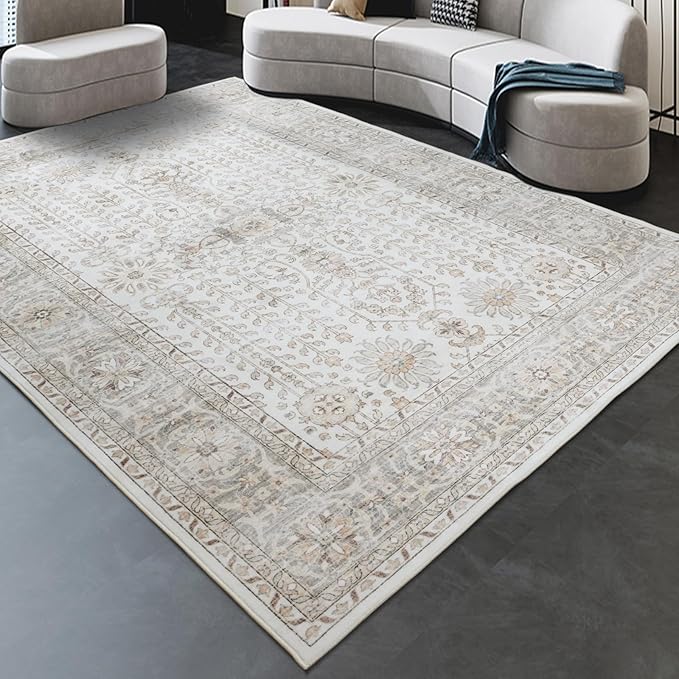 7x9 Area Rugs for Living Room,Thin Washable Rug, Non-Slip Foldable Area Rug for Bedroom, Dining Room, Home Office, Cream