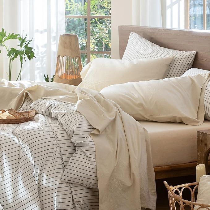 MooMee Bedding Sheet Set 100% Washed Cotton Linen Like Textured Breathable Durable Soft Comfy (Heathered Almond Milk Grey, Full)