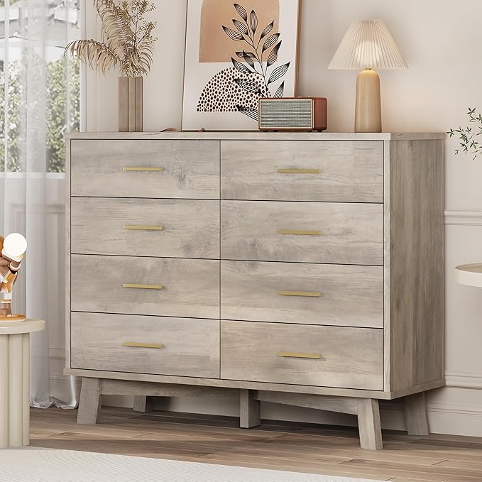 Dresser for Bedroom, 8 Drawer Wide Modern Chest of Drawers with X-Shaped Sturdy Base, Wood Double Dresser Closet Clothes Storage Organizer, Wooden TV Stand for Living Room, Hallway, Grey