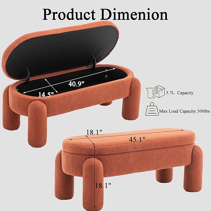 Ottoman with Storage, Large Foot Rest Ottoman Storage Bench,End of Bed Bench,Upholstered Seating,for Entryway, Hallway, Living Room,Bedroom (Orange)