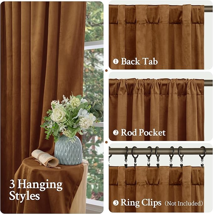 LAMIT Velvet Curtains for Living Room 96 Inches Long, Mid Century Thermal Blackout Curtains Room Darkening Back Tab and Rod Pocket Panels for French Country, 2 Panels, Bronze Brown, 52 x 96 Inch