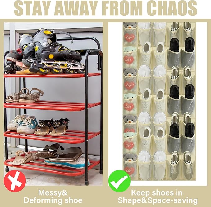Windyun 40 Over the Door Shoe Organizer Large Breathable Mesh Pockets Hanging Shoe Rack for Closet Beige Behind Door Hanger Storage Holder Nonslip Hooks for Women Men Entryway Bedroom Utility Room