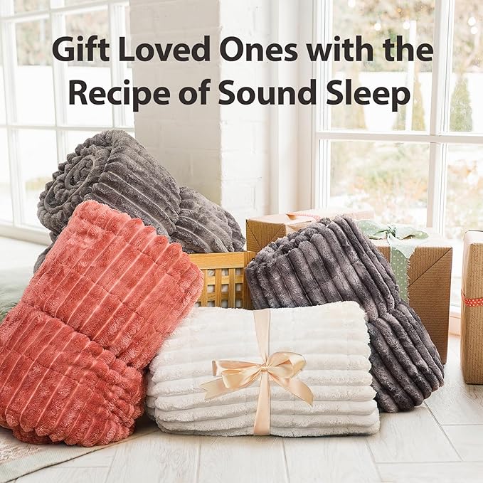Sherpa Fleece Weighted Blanket with 3D Ribbed Stripes, 15 lbs Soft Flannel Heavy Throw Blanket for Couch Full Size Bed, Heavy Thick Blankets with Ceramic Beads, Great for Deep Sleep, 60" x 80"