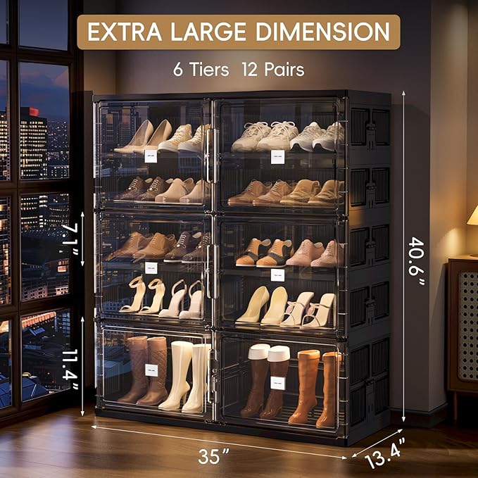 JEKO&JEKO 5-Tier Foldable Shoe Storage Cabinet with Magnetic Doors, Large Stackable Shoe Organizer Cabinet for Entryway, Clear Front Door Shoe Boxes Hold Up to 20 Pairs (Black)