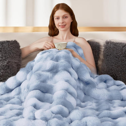 Touchat Luxury 1000GSM Faux Rabbit Fur Throw Blanket, Super Heavy Warm Cozy Grey Blankets for Couch Bed Sofa, Ruched Plush Fuzzy Elegant Soft Reversible Mink Blanket for Living Room Bedroom, Blue