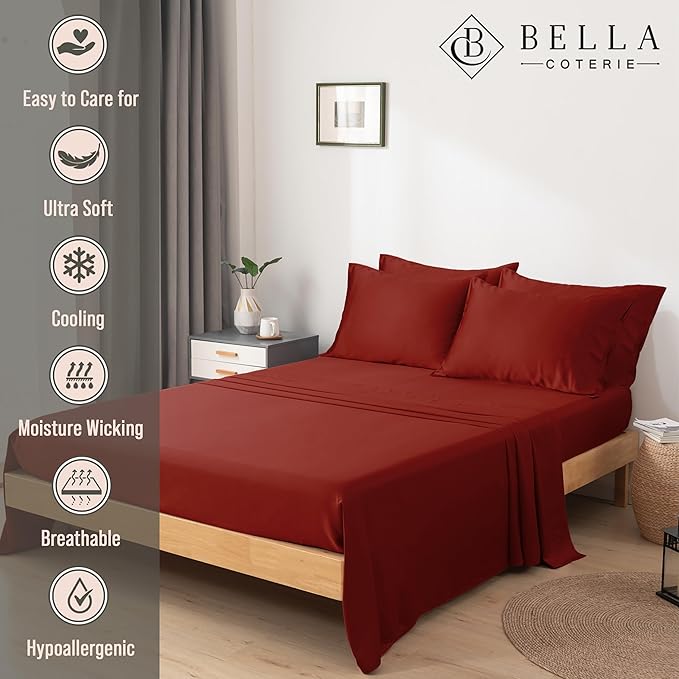 Bella Coterie 6 Piece Luxury Bamboo Viscose California King Size Sheet Set | 100% Organically Grown | Cooling for Hot Sleepers | 18" Deep Pocket | Soft & Hypoallergenic | 4 Pillowcases [Merlot]