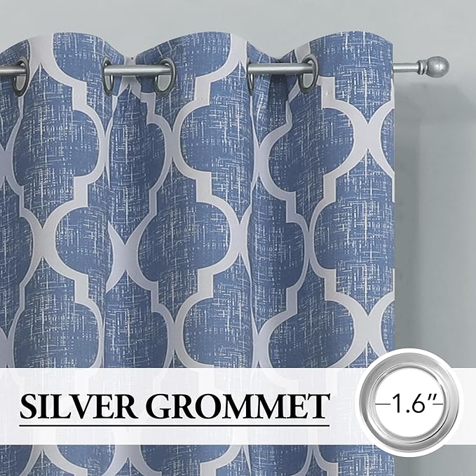 Beauoop 100% Blackout Curtains 63 Inches Long 2 Panels for Bedroom Living Room Blue Moroccan Geo Room Darkening Thermal Insulated Soundproof Grommet Top Window Treatments Drapes, 50x63 Set of 2