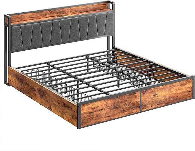 LIKIMIO King Bed Frame with 4 Storage Drawers, Platform Bed with Charged Headboard, Sturdy and Stable, No Noise, No Box Spring Needed, Easy to Install, Vintage Brown and Gray