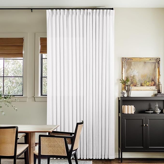 Extra Wide Pinch Pleated Linen Curtains 90 Inches Long 70 Inch Width for Living Room Bedroom Light Filtering White Semi Sheer Pleat Window Curtain Pinch Pleated Drape with Hooks Rings 1 Panel 70x90