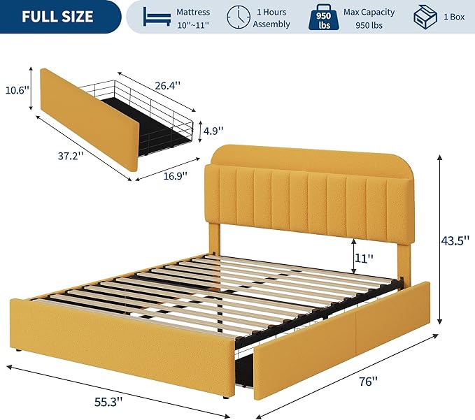 Jojoka Full Bed Frame with Storage Headboard and 2 Drawers, Boucle Upholstered Platform Bed, Modern Kids Full Bed Frames for Small Rooms, No Box Spring Needed, Easy Assembly, Yellow