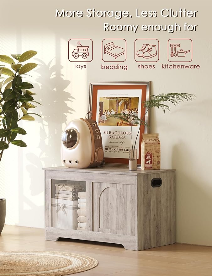 DINZI LVJ Storage Chest, 31.5”Wooden Toy Box with 2 Safety Hinges, Entryway Storage Bench with Flip-Top, Sturdy Storage Trunk for Living Room, Bedroom, Easy Assembly, Greige