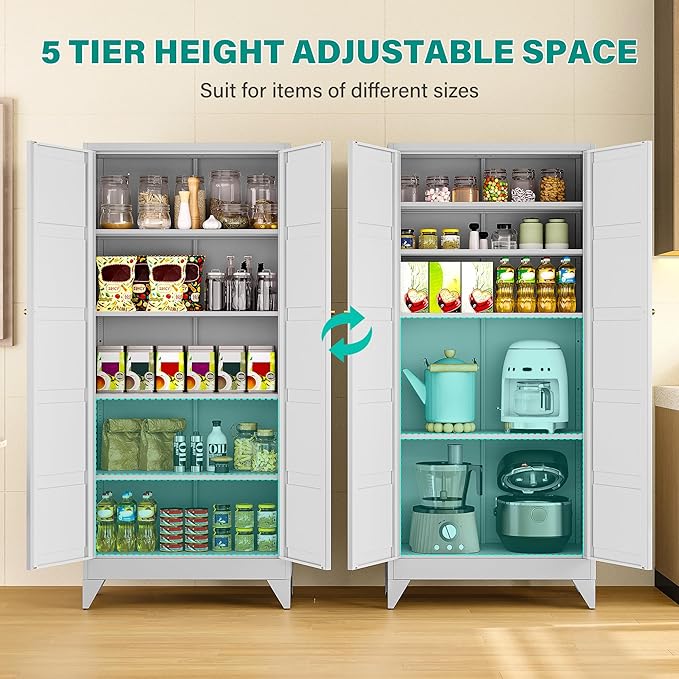 SISESOL Wide & Deep Metal Storage Cabinet with 2 Doors and 5 Shelves,72 inch Tall Pantry Storage Cabinet,Large Cupboard Closet,White Cabinets for Home,Kitchen,Bathroom,Dining/Living Room