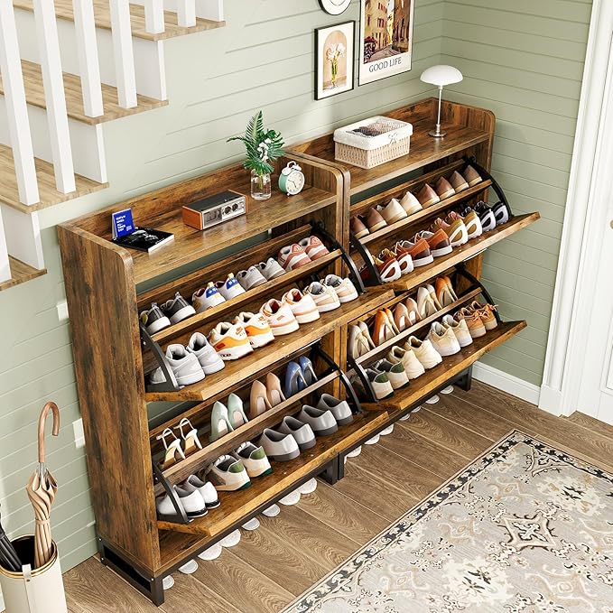 Shoe Cabinet, Shoe Storage Cabinet with 2 Flip Drawers & Adjustable Shelf, Space-Saving Shoe Organizer – Holds 12+ Pairs, Narrow Shoe Cabinet Storage for Entryway/Hallway（Brown）