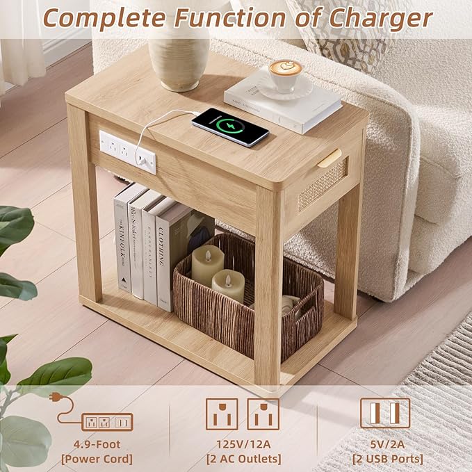 LEYAOYAO Narrow Side Table Set 2, 24x14'' Rattan Night Stand with Charging Station Drawer Storage,Natural Wood Bedside End Table for Small Spaces,Boho Nightstand for Living Room Bedroom