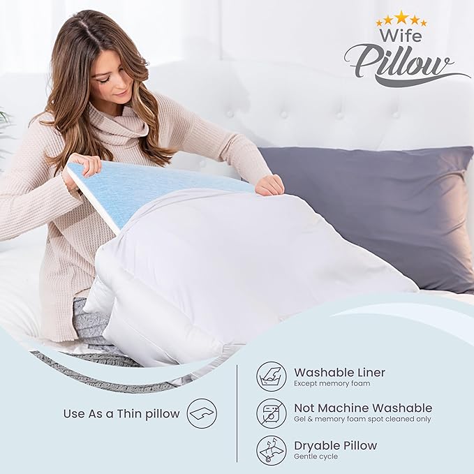 Wife Pillow - Insert Topper Only, Firm Cooling Gel / 80D Memory Foam Topper for Pillow That Stays Cold. Thin for Stomach Sleeper. Ergonomic, Neck U Shaped Cutout. Firm High-Density Layer Support