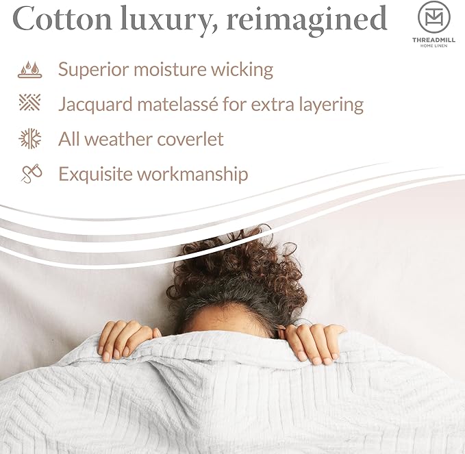 Threadmill Luxury Cotton Blankets for King Size Bed | All-Season Cozy 100% Cotton King Size Blanket | Aster Jacquard Soft & Lightweight Coverlet fits California King, 104x92 | White