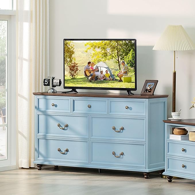 Farmhouse Furniture Set, Nightstands Set of 2 and 7 Drawers Dresser for Bedroom, 54 Inch Wide Wood Dresser and 24" Night Stands with Charging Station for Bedroom, Living Room, Hallway