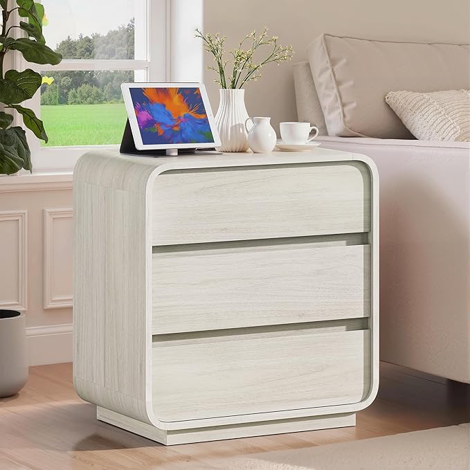 White Nightstand with Charging Station, 25" Tall Wood Bedside Table, Modern Dresser End Table with 3 Storage Drawers, Curved Profile, Mid Century Night Stand for Bedroom Dorm Sofa Office