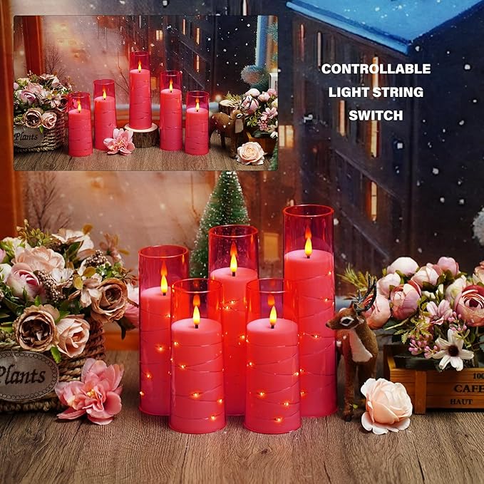 Flameless LED Candles with Timer 5 Pc Flickering Flameless Candles for Romantic Ambiance and Home Decoration Stable Acrylic Shell,with Embedded Star String，Battery Operated Candles(Pink)