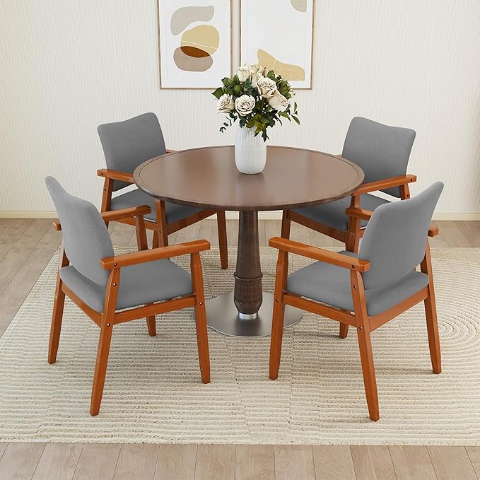 thksbought Mid Century Modern Walnut Dining Chairs Wood Arm Grey Fabric Kitchen Cafe Living Room Decor Furniture