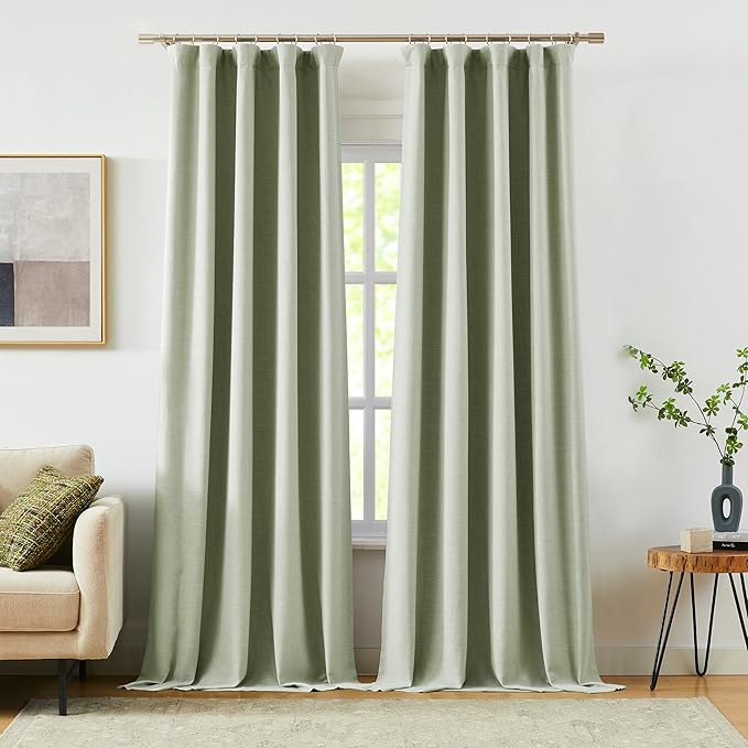 Vision Home Green Linen Full Blackout Curtains 108 inch for Bedroom Living Room Darkening Soundproof Window Panels 9FT Thermal Insulated Rod Pocket Back Tab Farmhouse Drapes 56" Wx108 Lx2