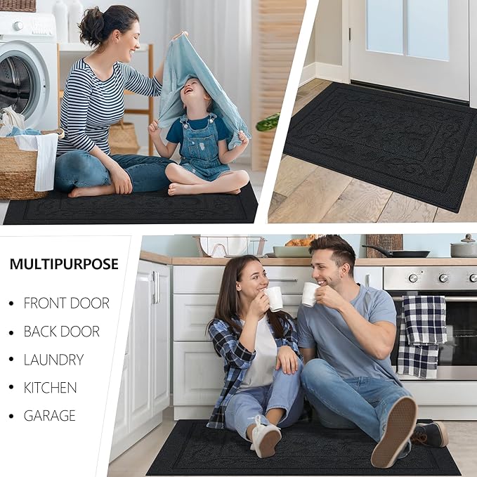 FONEYI Indoor Door Mat, Front Back Door Mat 36" x 59" Non-Slip Rubber Backing Door Rug, Machine Washable Entry Rug, Low Profile Absorbent Dirt Trapper Doormat Inside Floor Mats for Entryway, Black