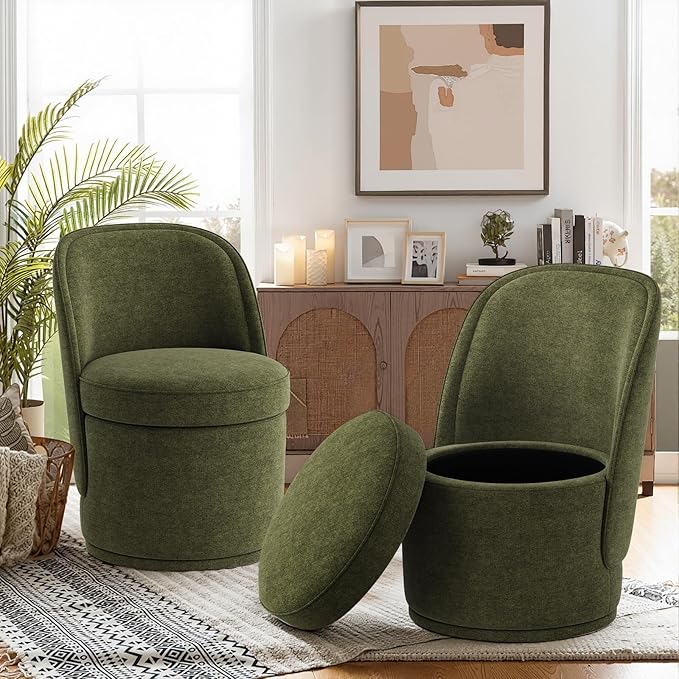 Swivel Accent Chair Set of 2, 360° Swivel Round Chair with Hidden Storage, Vanity Chairs, Modern Small Barrel Armchair for Living Room/Bedroom, Green